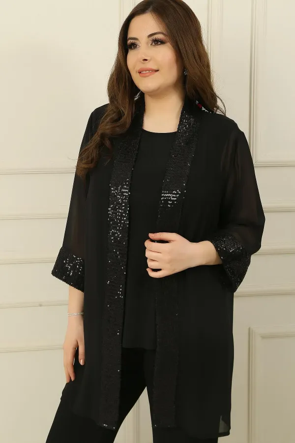 Ensemble 2 pièces veste en mousseline de soie à col châle et paillettes avec chemisier sans manches, grande taille