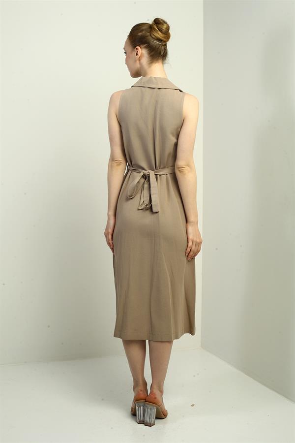 Kadın Polo Yaka Ön Pile Düğme Detaylı Midi Keten Elbise