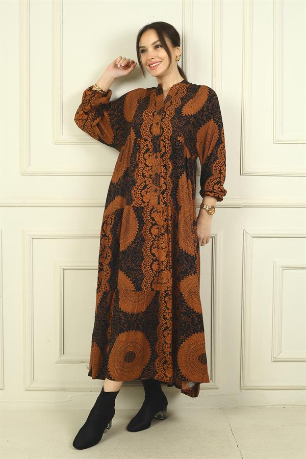 Kadın Önü Yarım Düğmeli Etnik Desenli Fırfırlı Oversize Uzun Elbise