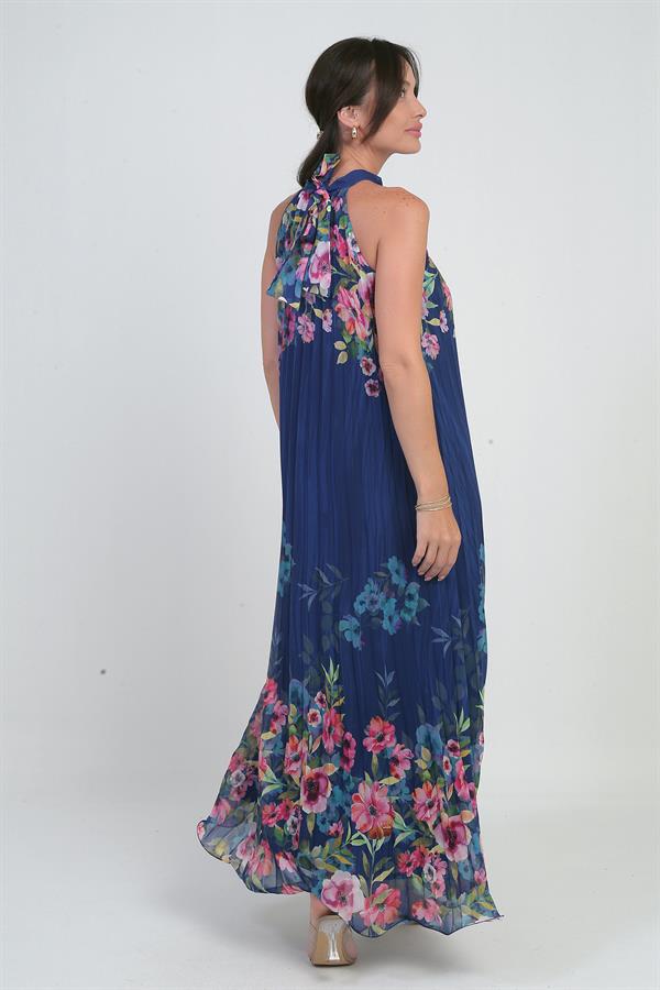 Kadın Çiçek Desenli Astarlı Plisoley Şifon Uzun Elbise
