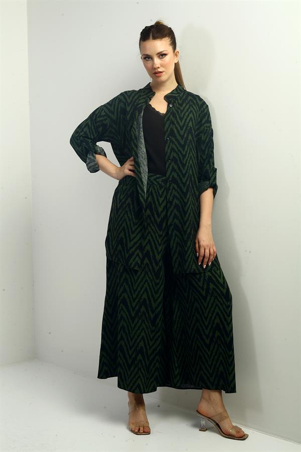 Women's Side Slit Tunic Shirt, Elastic Waist Palazzo Pants, Zigzag Pattern Oversize 2-Piece Set