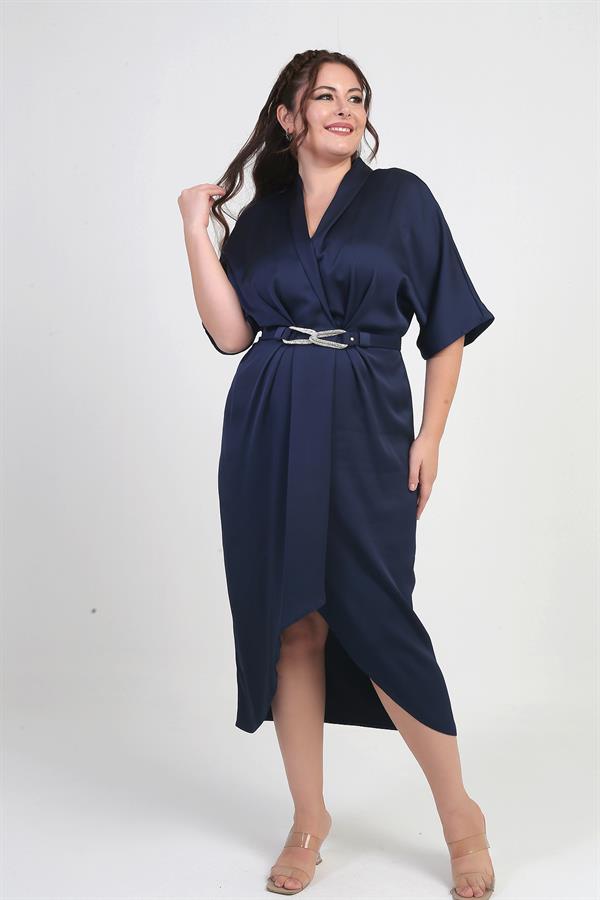 Women's Wrap Neck Short Batwing Sleeve Double Pleated Crepe Satin Plus Size Midi Designer Dress