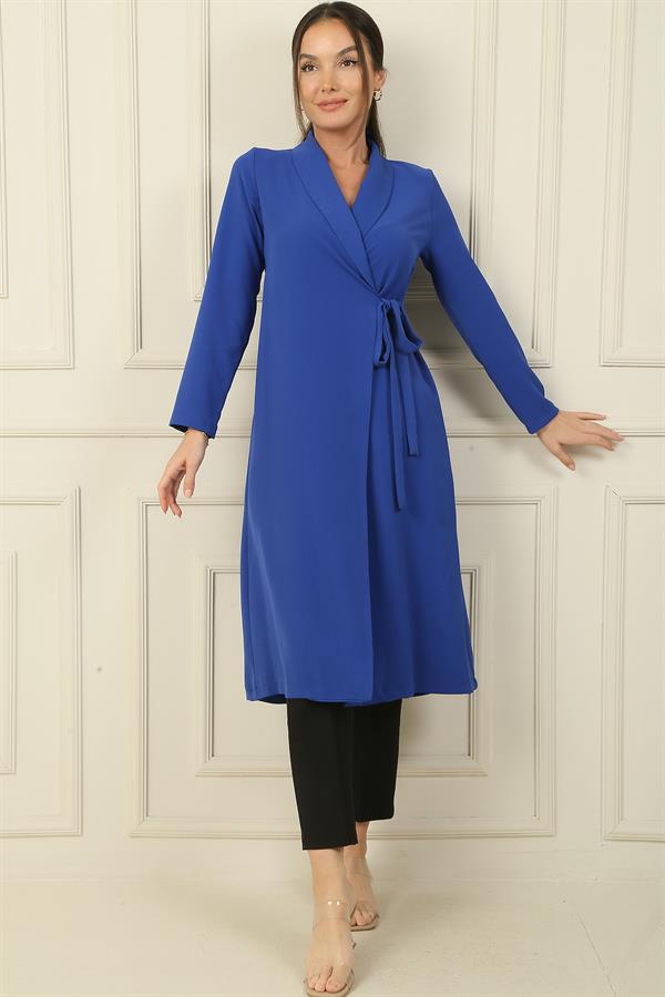 Long Crepe Jacket with Turn-Down Collar and Tie Waist