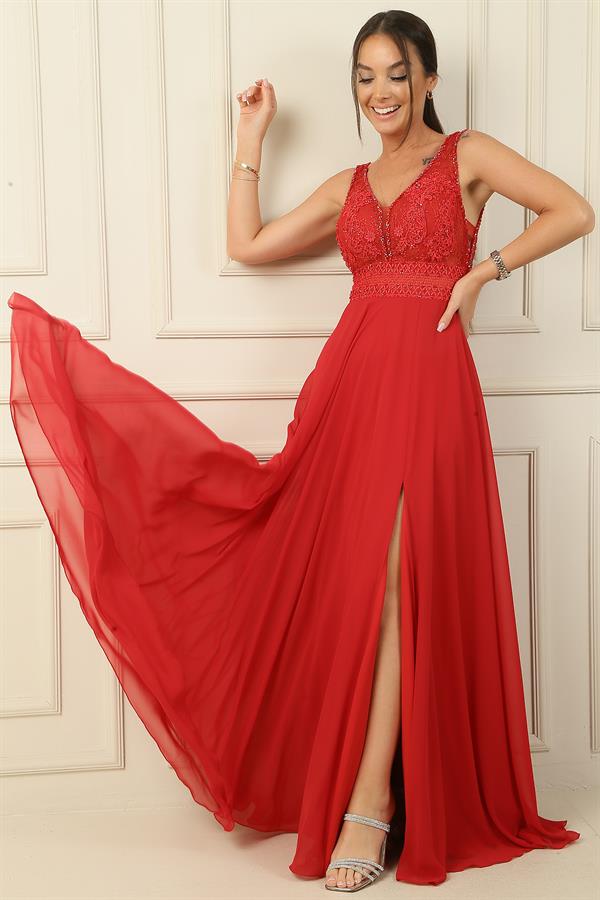 Ön Arka V Yaka Üst Boncuklu Çiçek Motifli Astarlı Uzun Şifon Abiye Elbise