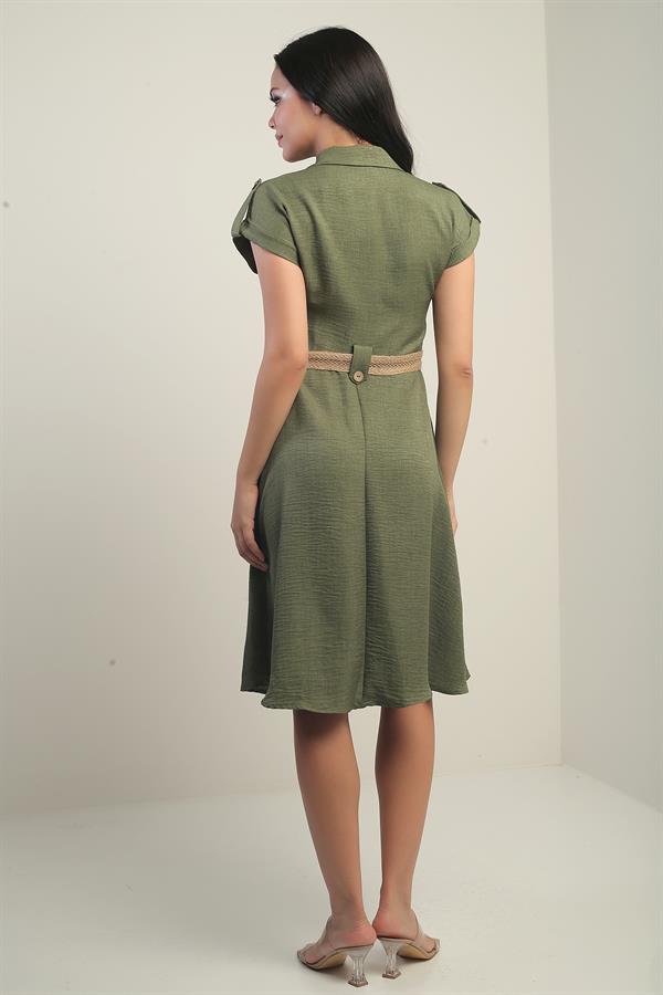 Women's Collared, Off-Shoulder, Double-Pocket, Belted Linen-Effect Dress