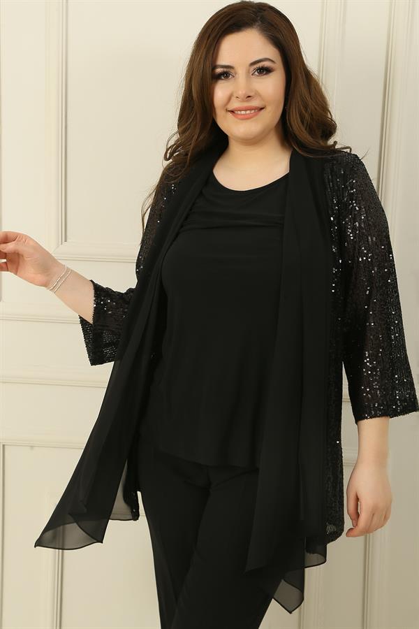 Ensemble 2 pièces pour femme : chemisier sans manches et veste à sequins en mousseline à col châle, grandes tailles.