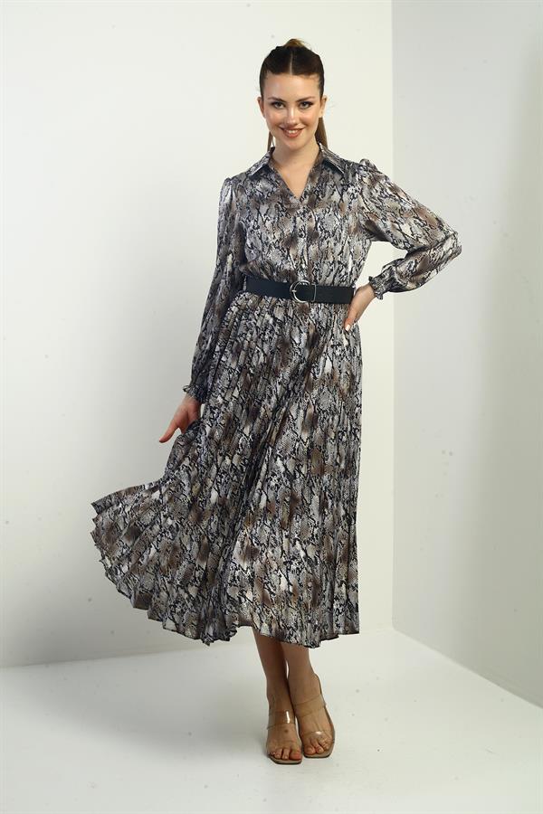 Women's Half-Front Button-Down Belted Lined Snake Pattern Pleated Midi Satin Dress
