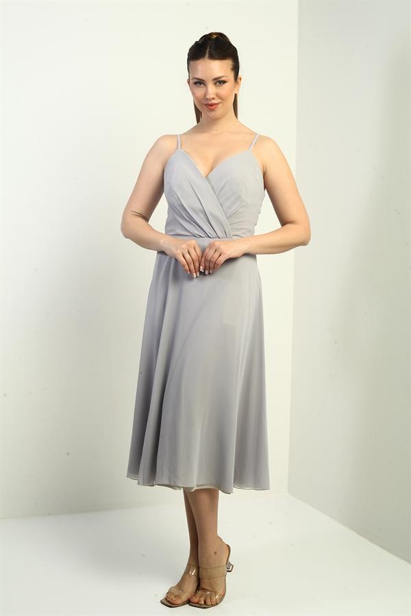 Women's Strappy Wrap Neckline Lined Lace-Up Back Flared Chiffon Dress