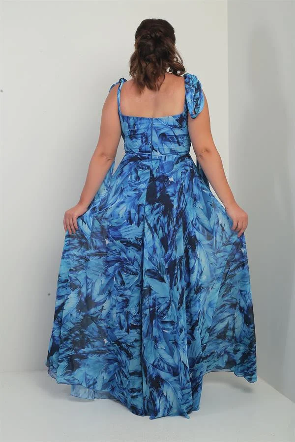 Robe longue en crêpe mousseline à motif de feuilles, grande taille, col en V, épaules dénudées, bretelles nouées, doublée