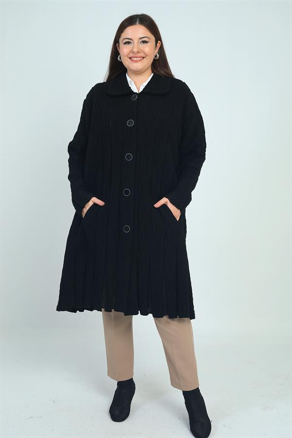 Kadın Desenli Cepli Büyük Beden Triko Kaban