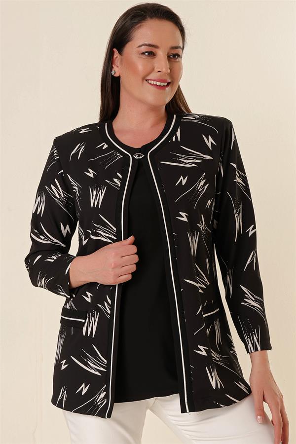 İçi Likralı Atletli Sahte Cepli Desenli Büyük Beden Krep Ceket