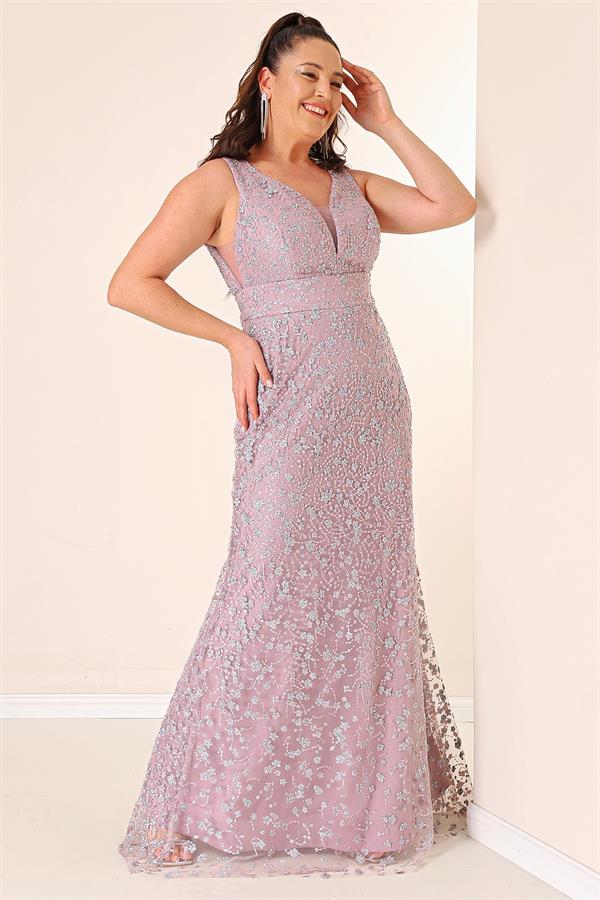Front and Back V-Neck Lined Embellished Plus Size Long Mermaid Dress