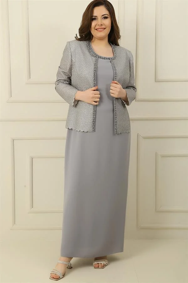 Robe longue en crêpe avec col et doublure ornés, veste à sequins, ensemble 2 pièces grande taille