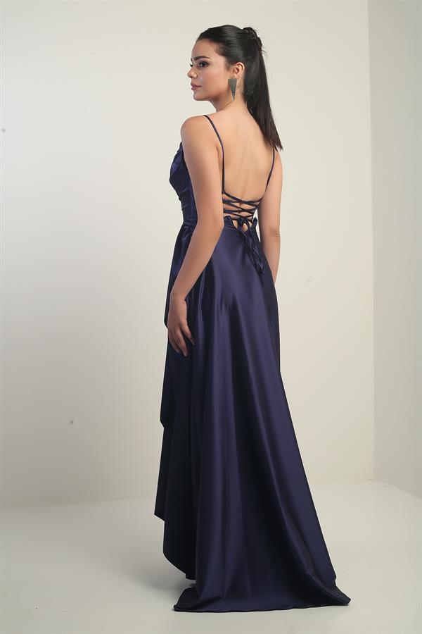 Women's Long Satin Dress with Rope Straps and Lace-Up Back and Lining