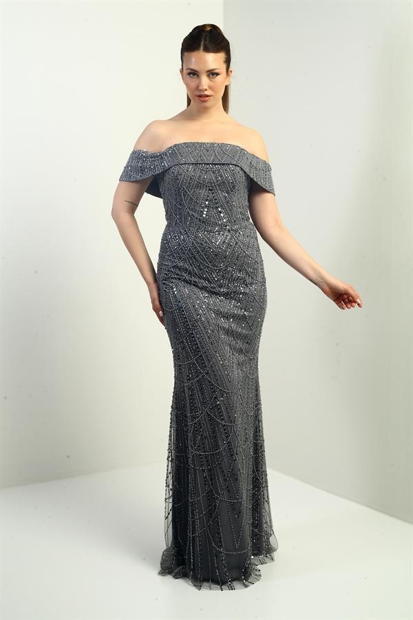 Women's Madonna Collar Lined Tulle Beaded and Sequined Long Evening Dress