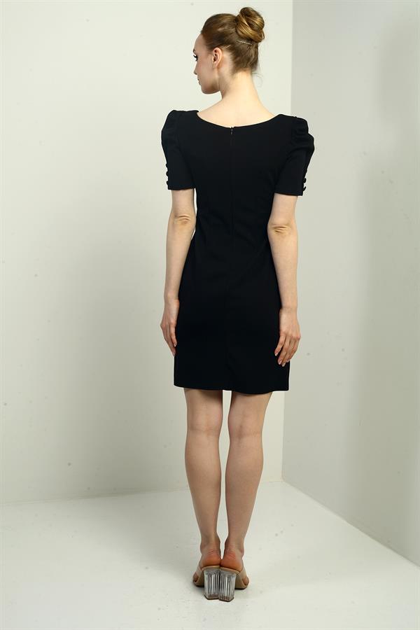 Women's Boat Neck Dress with Buttoned Sleeves, Pleated, and Zipper Back