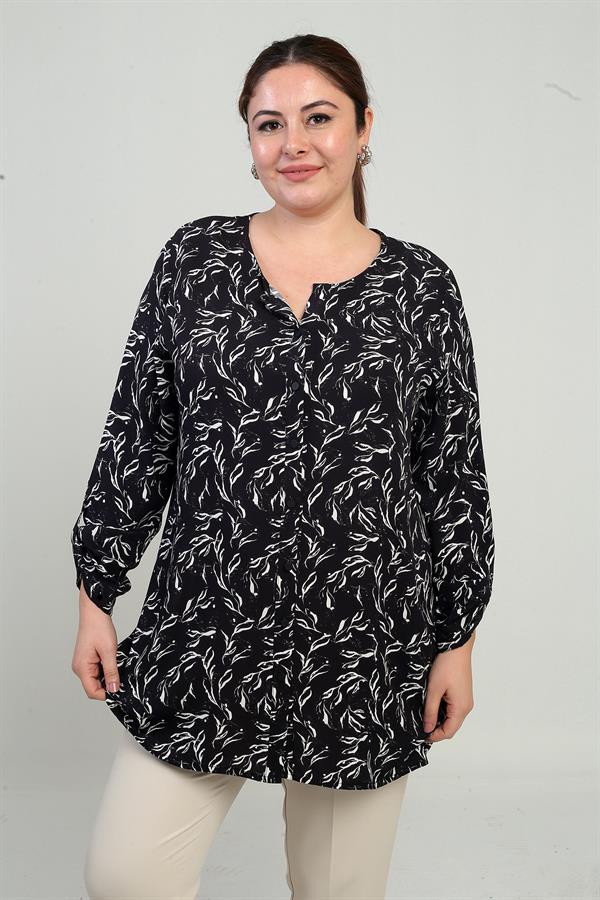 Chemise longue grande taille à col rond et manches repliées à motif de feuilles pour femme