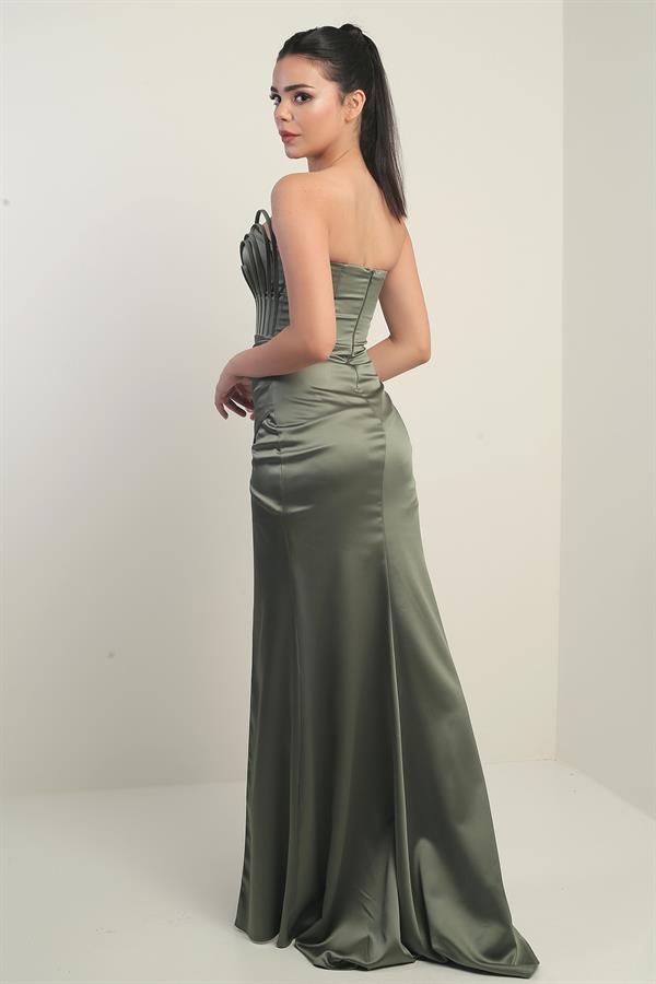 Women's Strapless Front Underwire Lined Satin Long Dress