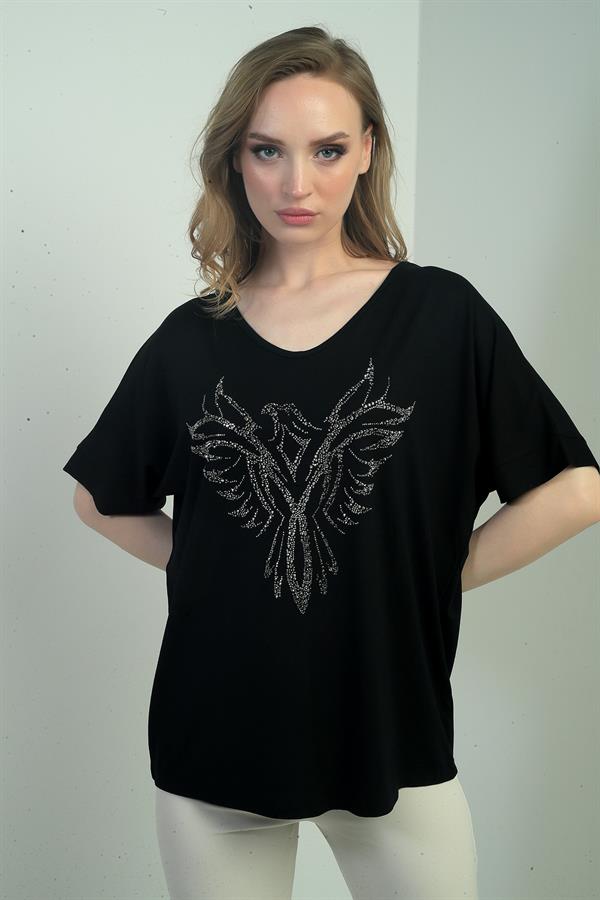 Kadın V Yaka Kartal Taşlı Bluz