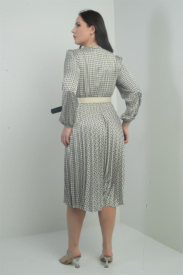 Women's Wrap Neckline Belted Lined Patterned Pleated Midi Satin BB Dress