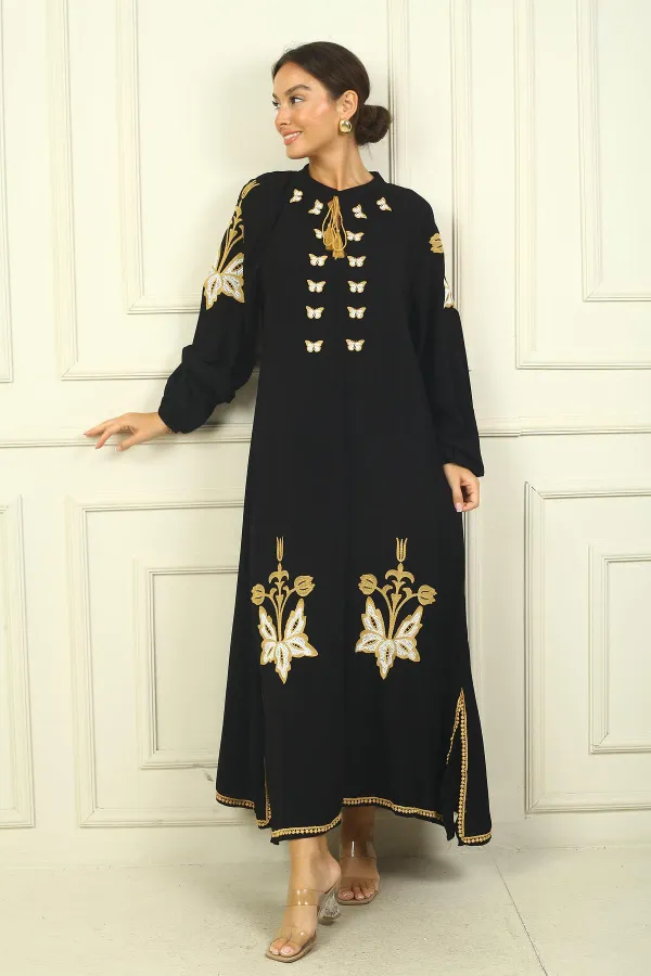 Women's Long Viscose Dress with Neckline, Butterfly Embroidery, and Elasticated Cuffs for a Relaxed Fit.