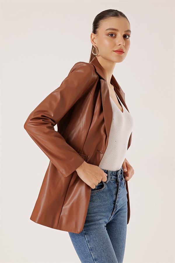 Tek Düğmeli Sahte Cepli Astarlı Deri Ceket