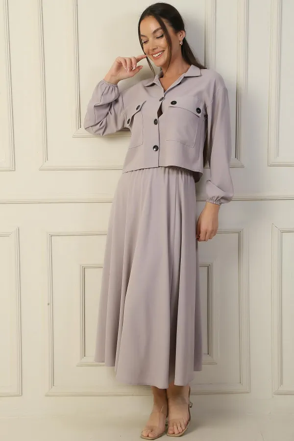 Ensemble 2 pièces chemise à double poche, taille élastique, jupe Arya