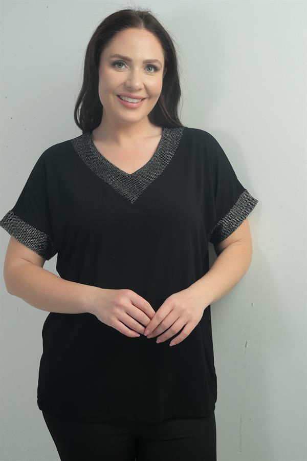 Women's Plus Size Blouse with Glitter Mesh Detail on Collar and Cuffs