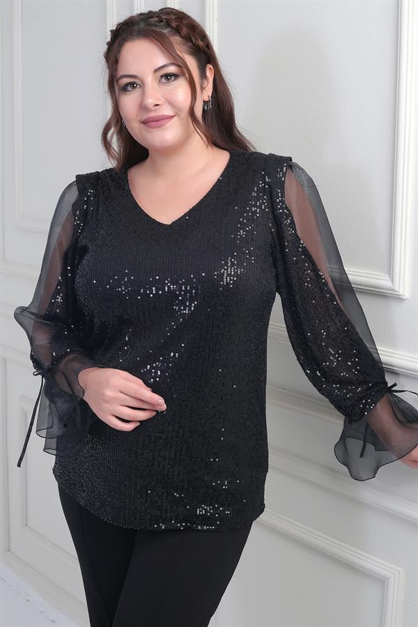 Kadın V Yaka Kolları Organze Pulpayet Büyük Beden Bluz