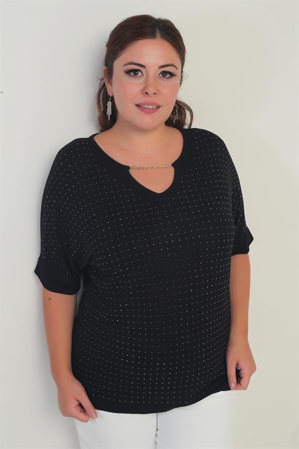 Kadın Yakası Zincirli Kısa Yarasa Kollu Taşlı Likralı Büyük Beden Bluz