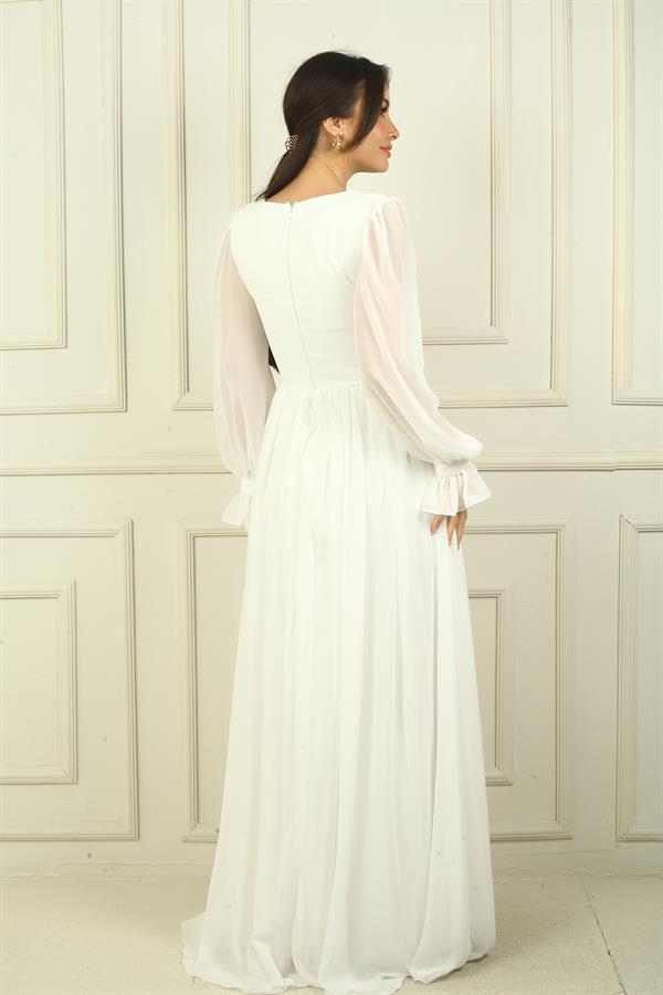 Kadın V Yaka Beli Tokalı Astarlı Şifon Uzun Abiye Elbise