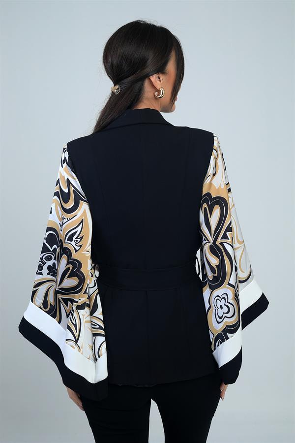 Kadın Kruvaze Yaka Beli Kuşaklı Kollar İspanyol Desenli Saten İçi Astarlı Ceket