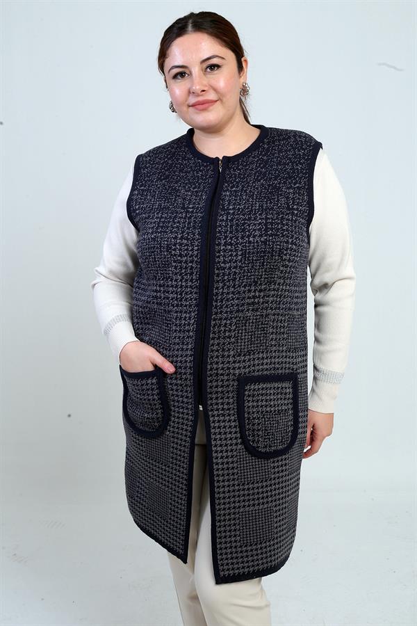 Women's Front Zippered Houndstooth Pattern Plus Size Pocket Knitwear Long Vest