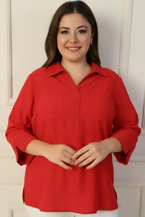 Polo Collar Pocketed Quarter Sleeve BB Blouse