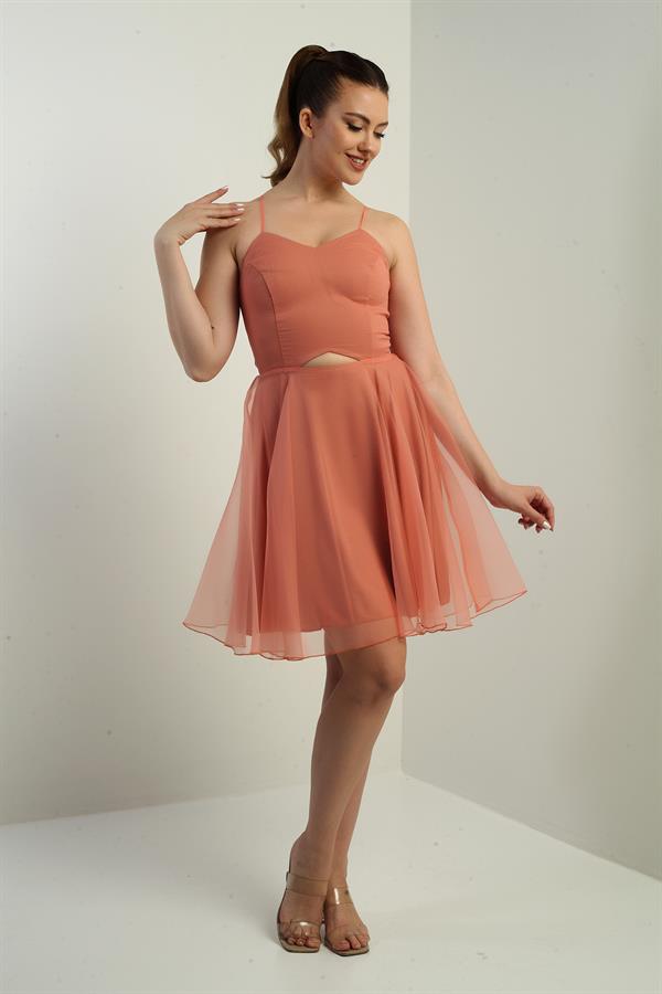 Women's Strappy Back Lace-up Front Openwork Lined Dahlia Organza Flared Short Dress