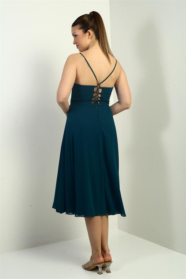 Women's Strappy Wrap Neckline Lined Lace-Up Back Flared Chiffon Dress
