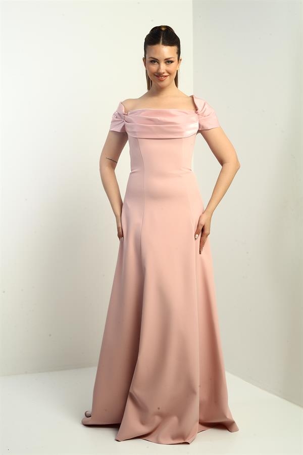 Straplez Kloş Telalı Astarlı Uzun Krep Abiye Elbise