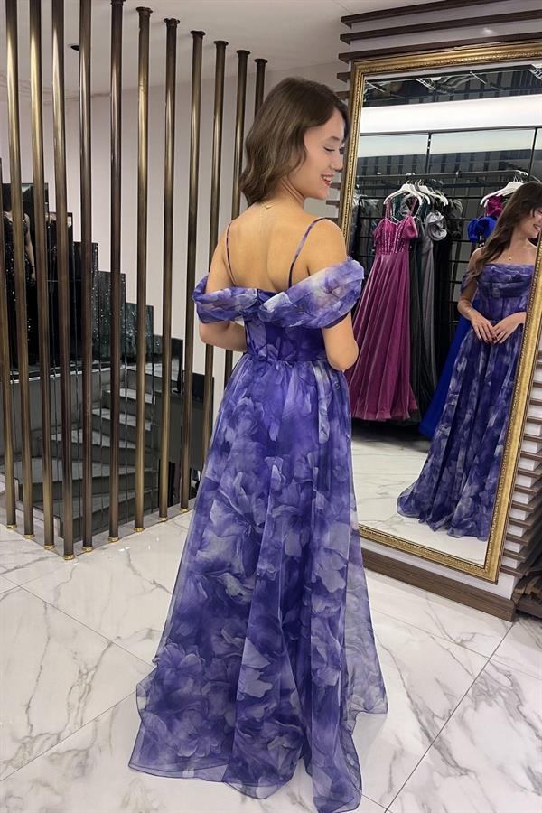 Kadın İnce Askılı Düşük Kollu Balenli Önü Drapeli astarlı Çiçekli Organze Uzun Elbise