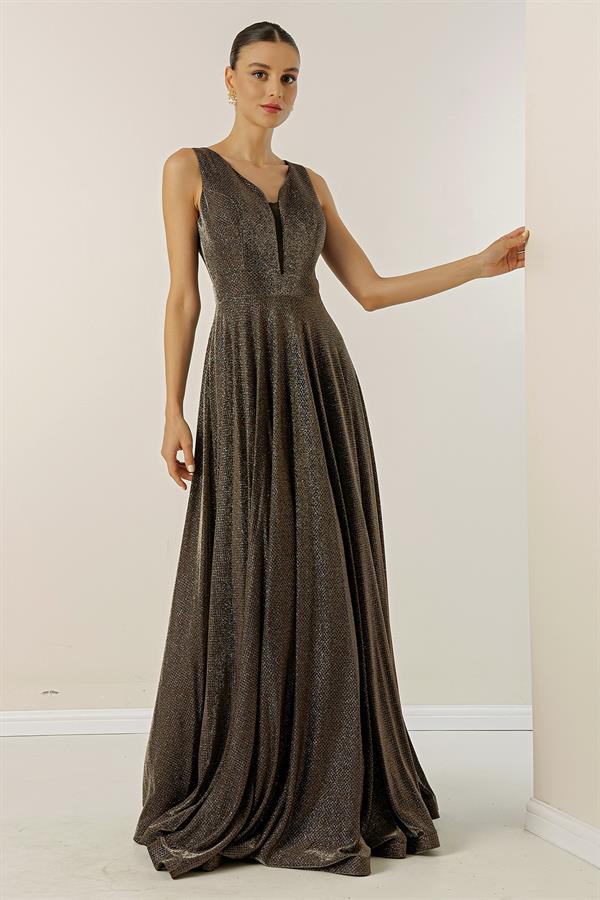 V-Neck Echo Tulle Glittery Lined Evening Dress