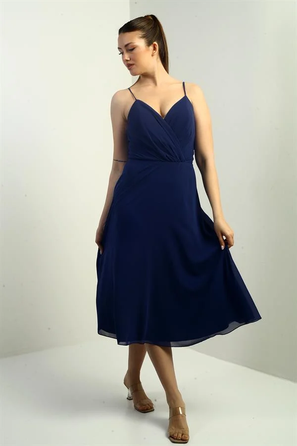 Women's Strappy Wrap Neckline Lined Lace-Up Back Flared Chiffon Dress