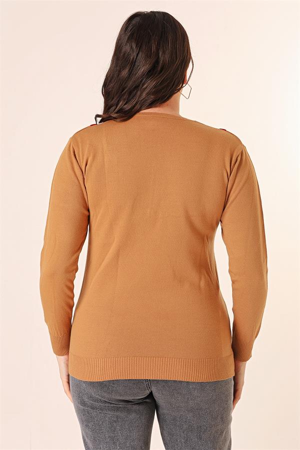 Şeritli V Yaka Büyük Beden Triko Kazak