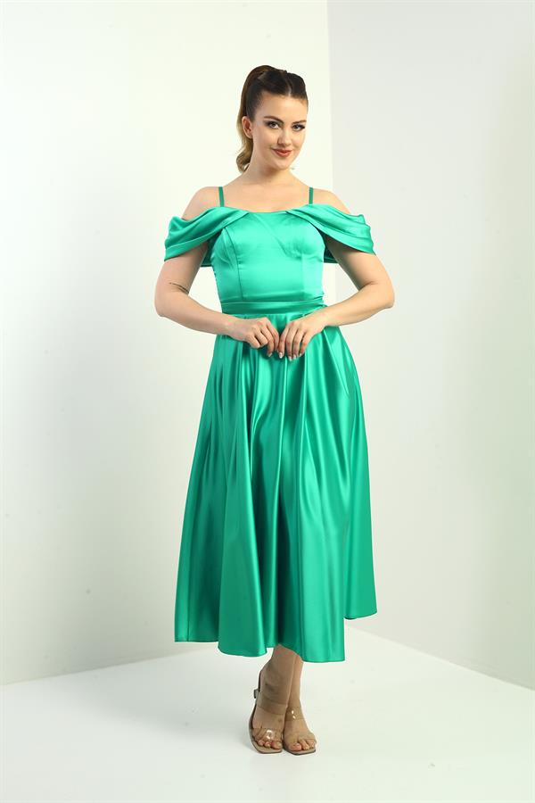Women's Strappy Dropped Sleeve Lined Pleated Satin Flared Long Dress