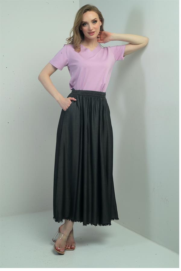 Women's Elastic Waist, Side Pockets, Fringed Hem, Slim Denim Long Skirt