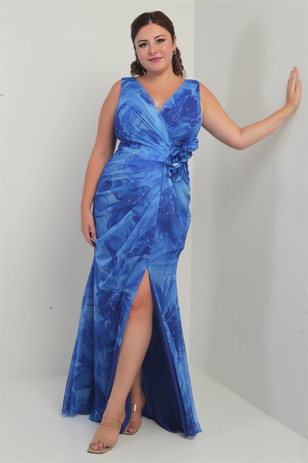 Women's Front and Back V-Neck Lined Draped Front 3D Floral Pattern Plus Size Tulle Long Dress