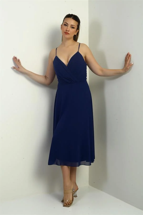 Women's Strappy Wrap Neckline Lined Lace-Up Back Flared Chiffon Dress