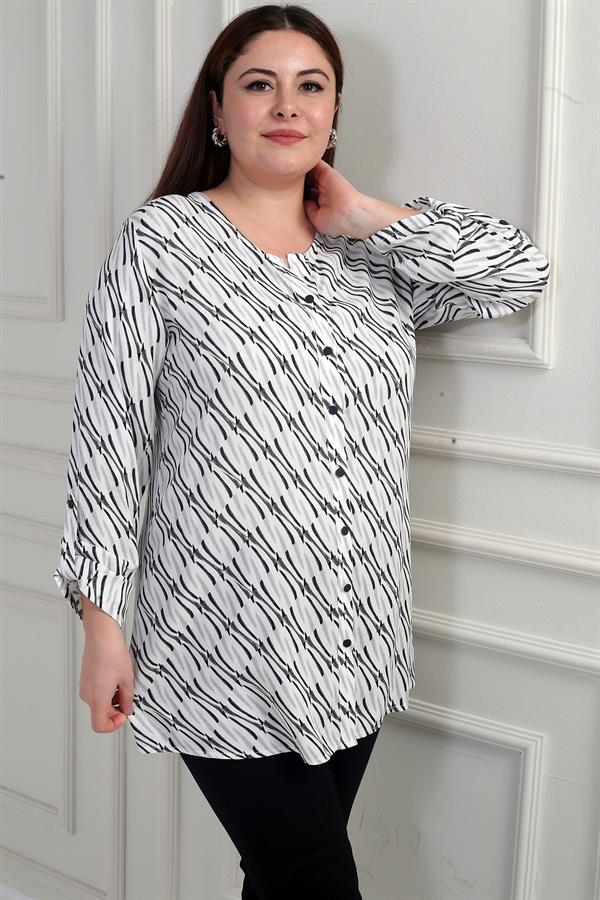 Chemise longue grande taille à col rond et manches repliées à motifs abstraits pour femme