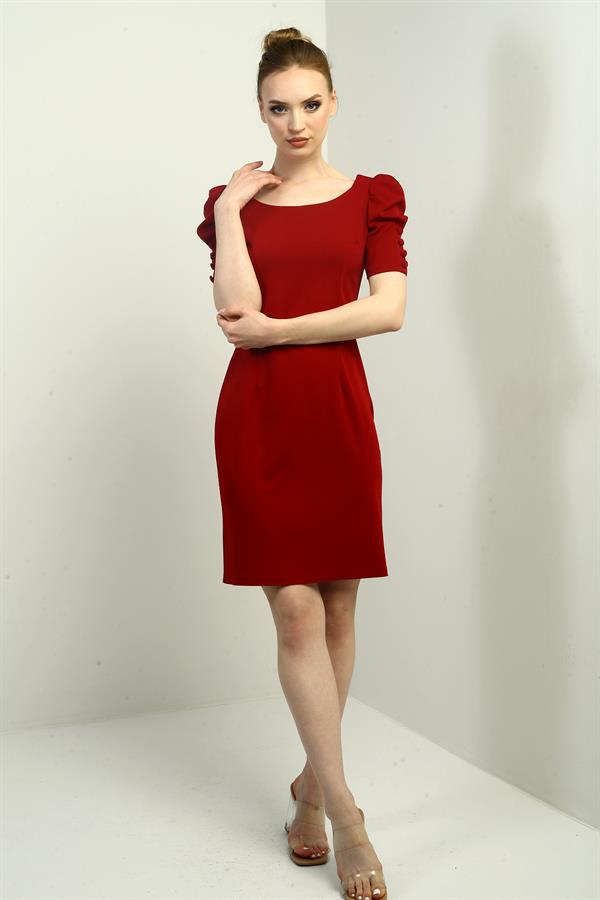 Women's Boat Neck Dress with Buttoned Sleeves, Pleated, and Zipper Back