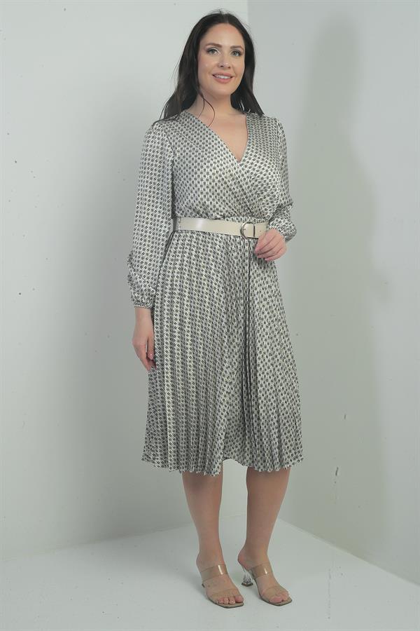 Women's Wrap Neckline Belted Lined Patterned Pleated Midi Satin BB Dress