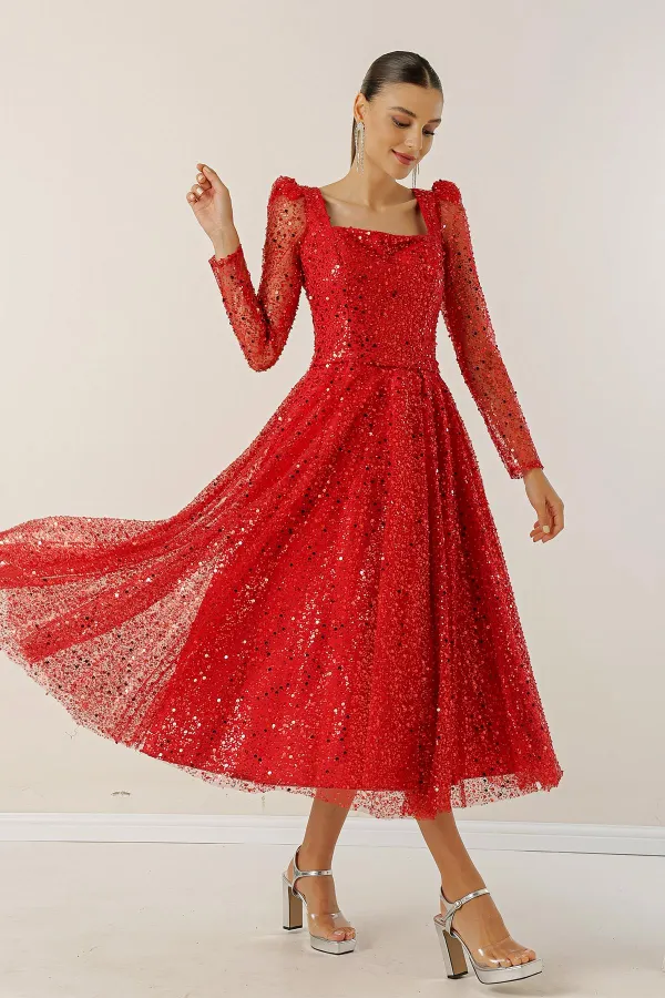 Square Neck Long Sleeve Lined Sequin Beaded Dress