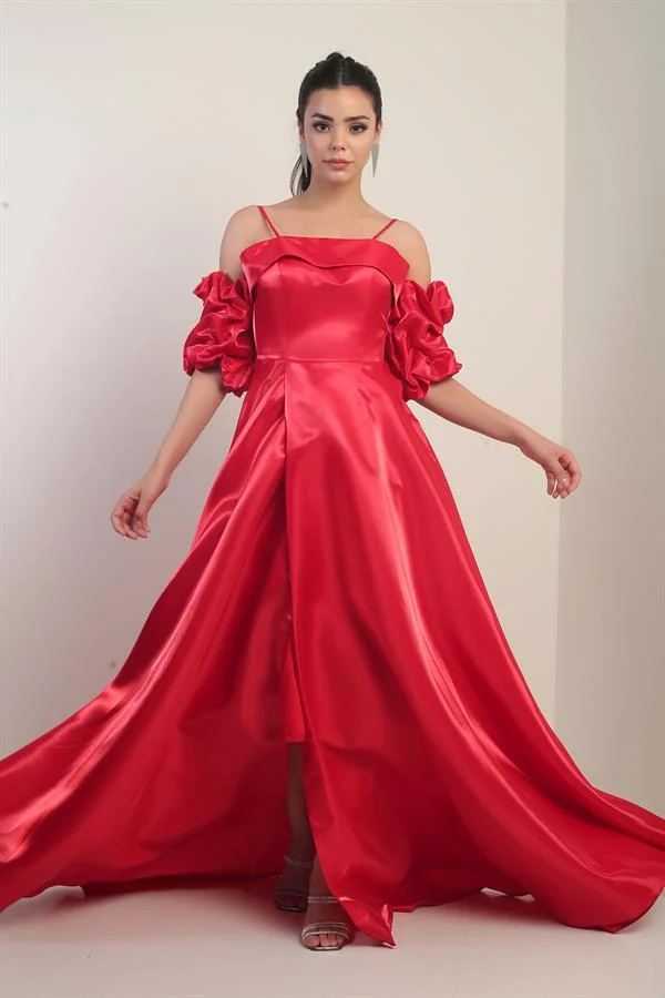 Women's Thin-Strapped, Lined, Set-in Sleeve, Pocketed Long Satin Dress